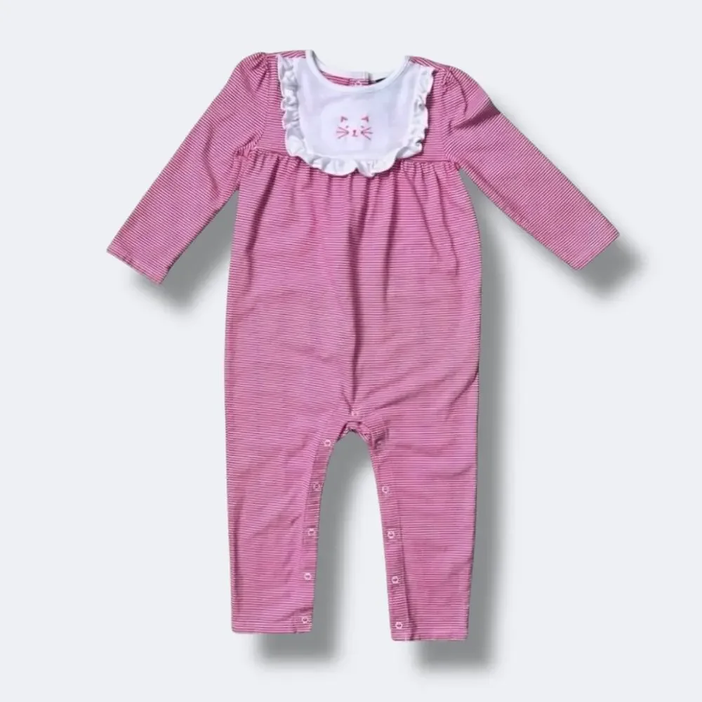 🦋3/$30 Janie and Jack Romper Girls 18-24M Pink Stripe Cat Face Long Sleeve